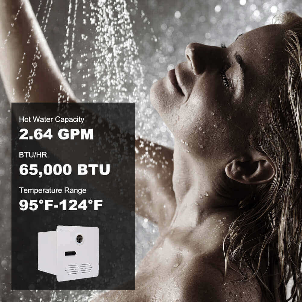 Woman showering with Camplux RV Tankless Water Heater; ideal for off-grid and mobile use, available at Cabin Depot.