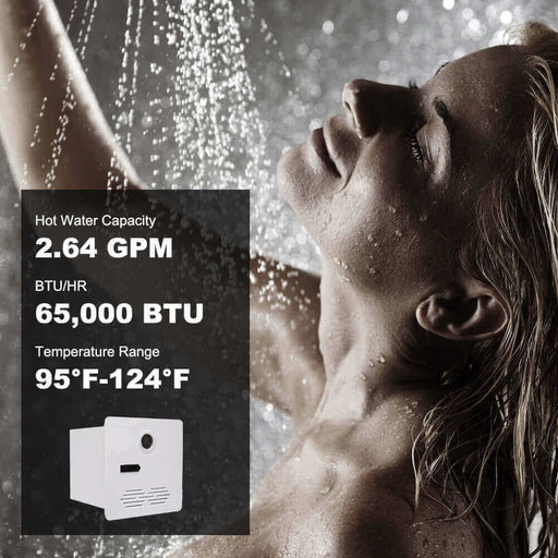 Woman enjoying shower with Camplux RV Tankless Water Heater, featuring 2.64 GPM, 65,000 BTU, and temperature range 95°F-124°F.