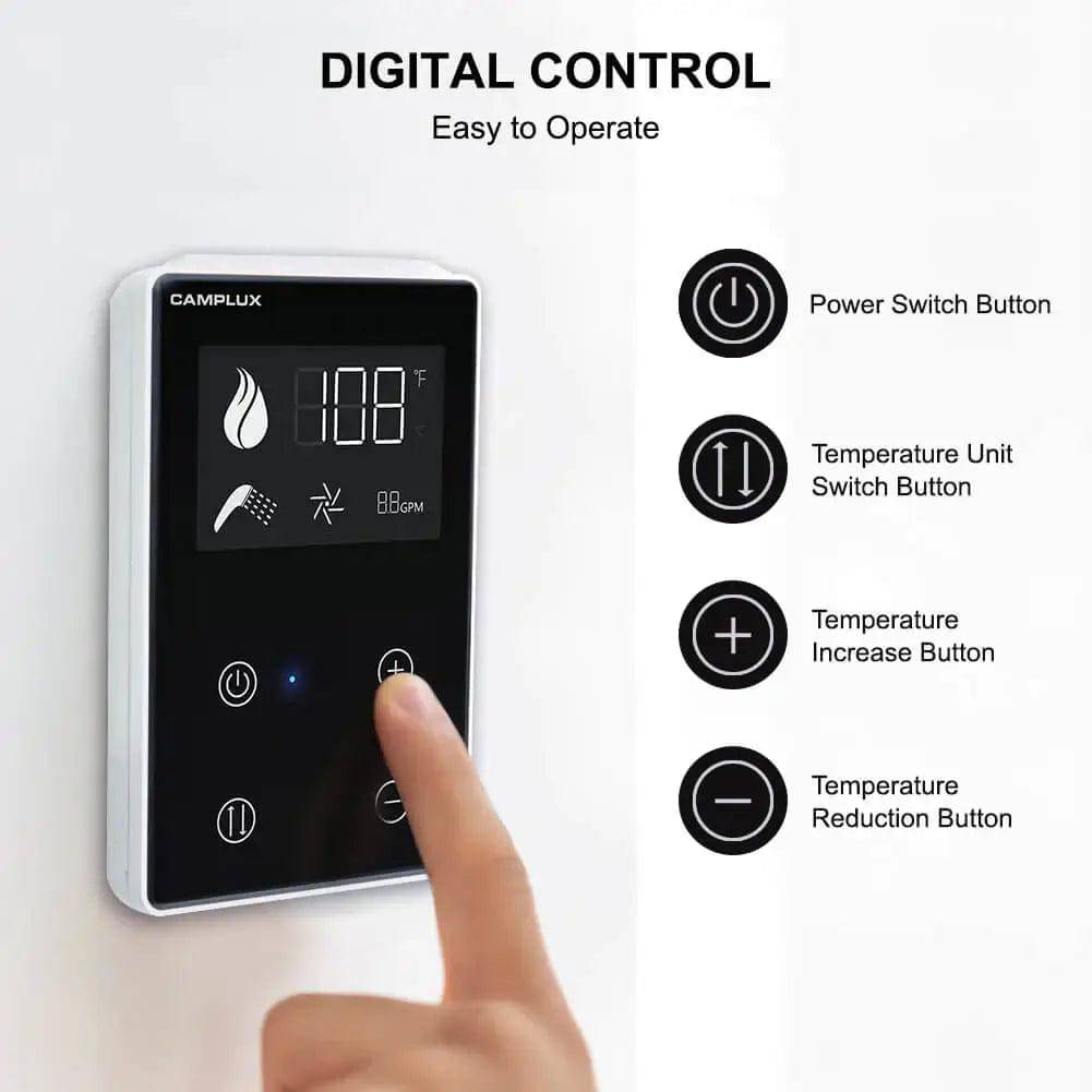 Camplux digital control panel for RV tankless water heater with easy temperature adjustment by Cabin Depot.