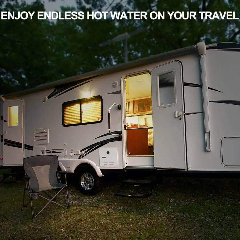 RV parked with a Camplux tankless water heater, ideal for travel and off-grid use. Available at Cabin Depot.