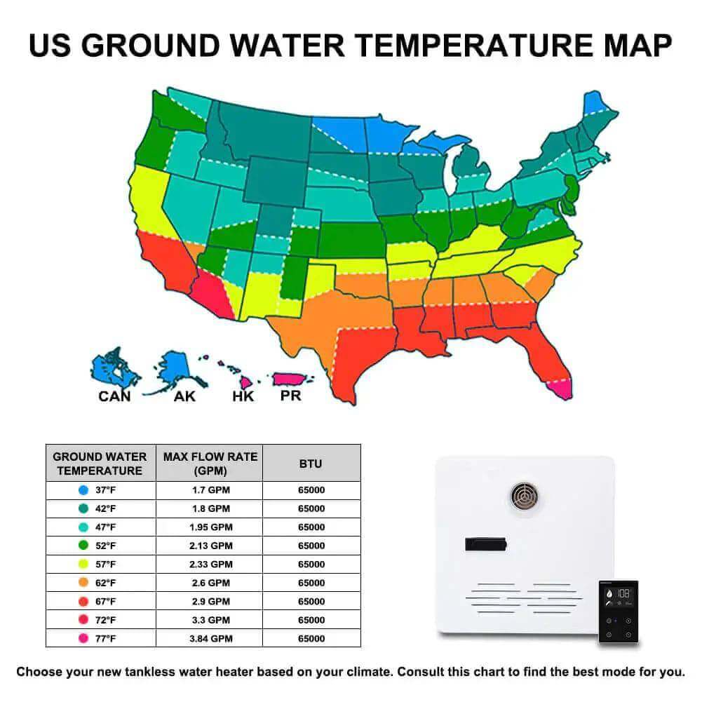 US ground water temperature map with Camplux RV tankless water heater, ideal for off-grid use. 65,000 BTU efficiency, Cabin Depot.