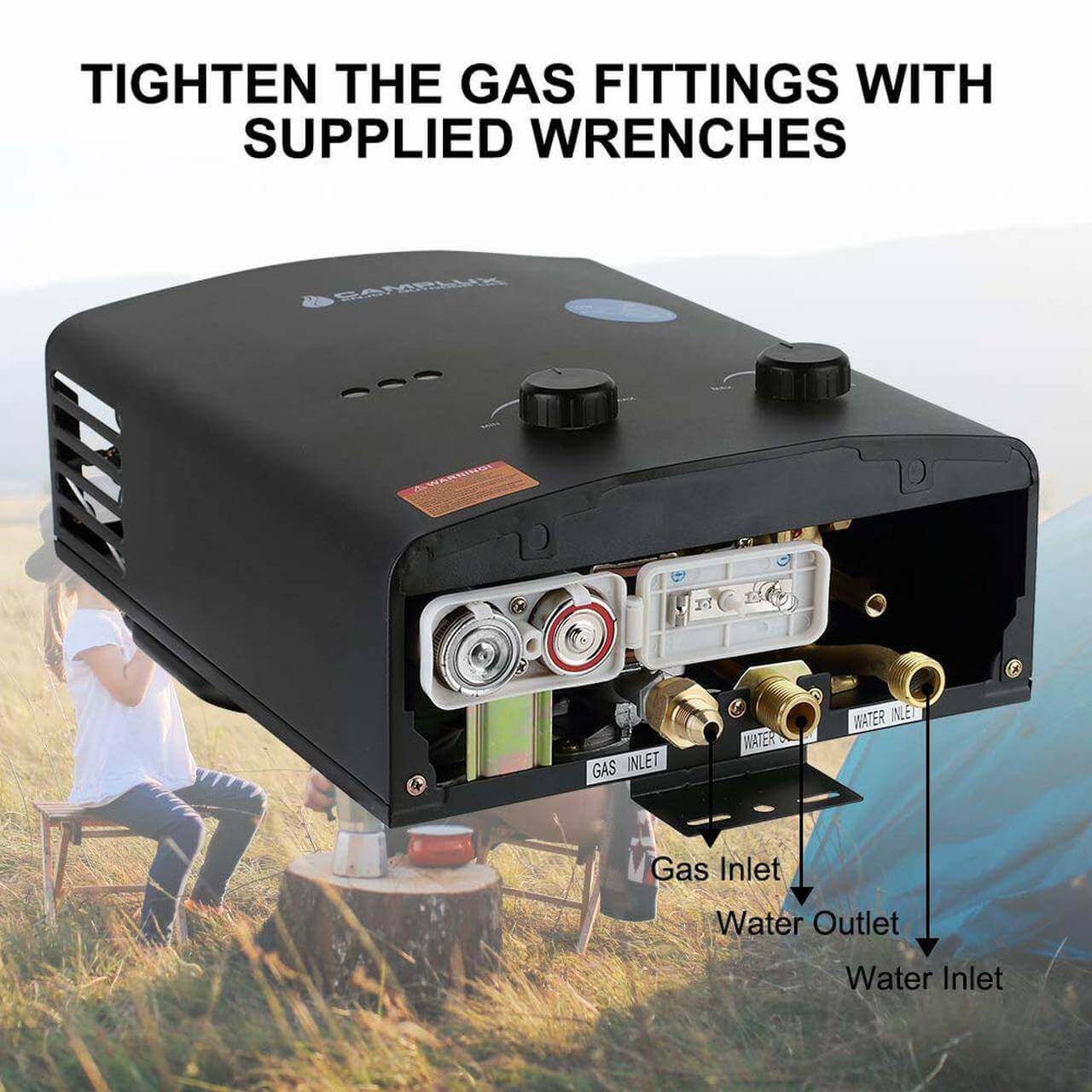 Camplux 5L propane portable tankless water heater showing gas and water inlets, ideal for cabin depot and outdoor use.