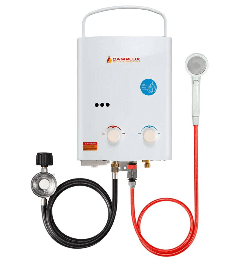 Camplux 5L Propane Portable Tankless Water Heater, CSA certified, perfect for cabin use, available at Cabin Depot