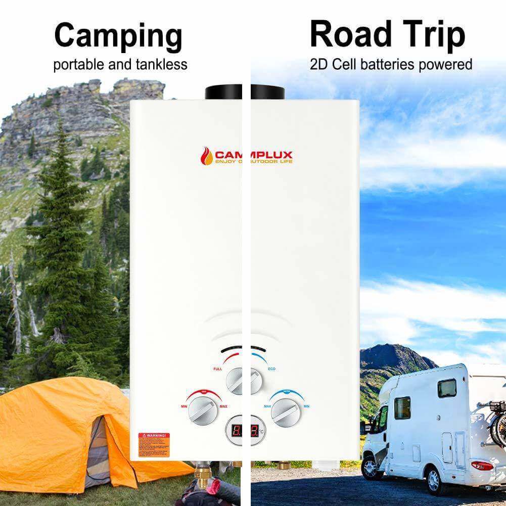 Camplux 8L Propane Outdoor Tankless Water Heater for camping and road trips, perfect for off-grid use - available at Cabin Depot.