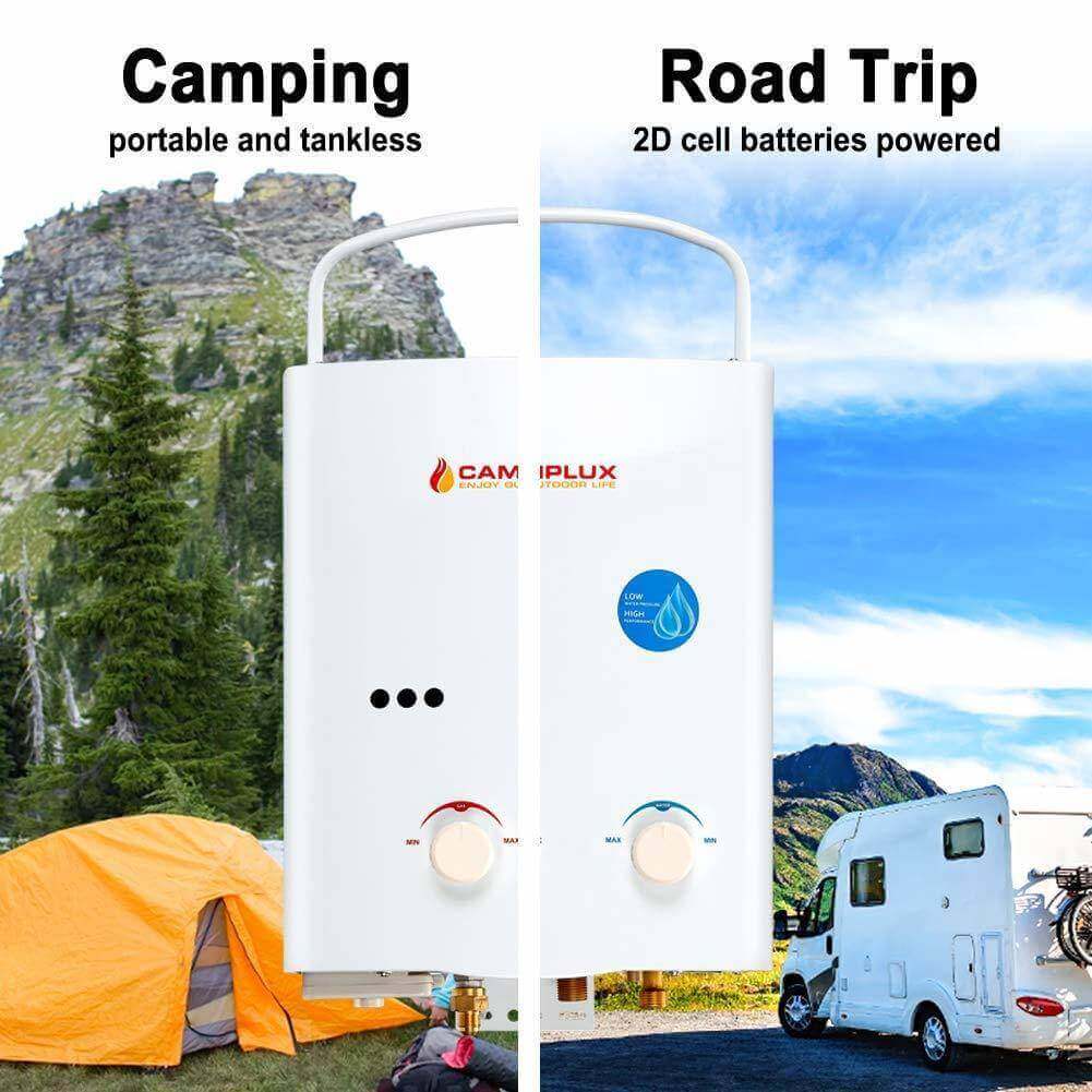 Camplux 5L portable tankless water heater for camping and road trips, powered by 2D cell batteries, available at Cabin Depot.