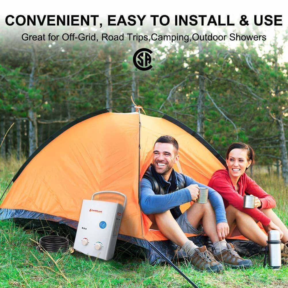 Couple camping with Camplux 5L portable tankless water heater, perfect for road trips and off-grid living, available at Cabin Depot.