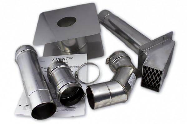 Camplux 3-inch horizontal vent kit for CA528 indoor tankless propane heater, available at Cabin Depot, includes Z-Vent components.