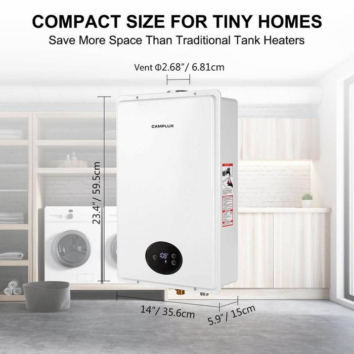 Camplux 5.28 GPM CA528 Propane Indoor Tankless Water Heater, compact size for tiny homes, white, energy-efficient appliance.