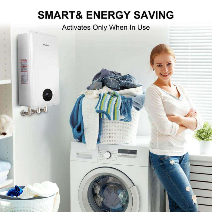 Woman smiling near washer with Camplux 5.28 GPM CA528 Tankless Water Heater, highlighting energy-saving features.