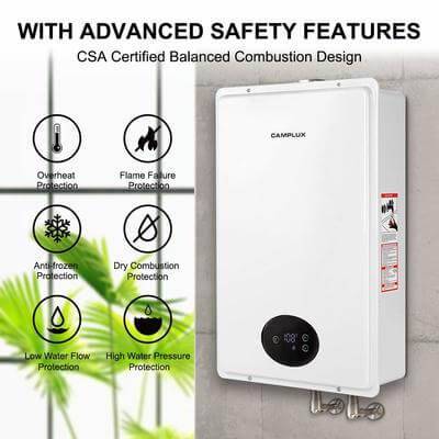 Camplux CA528 Propane Tankless Water Heater with advanced safety features, including flame failure and anti-freeze protection