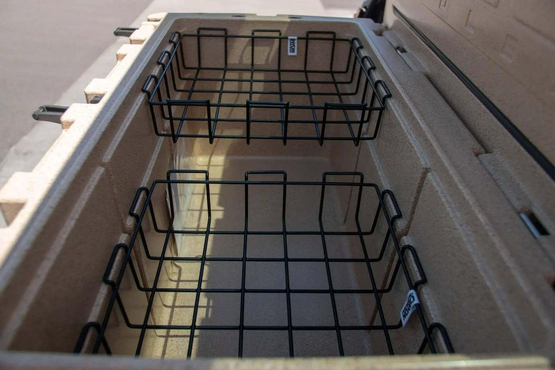 Canyon Coolers 55QT Outfitter Baskets in cooler, ideal organizer from Cabin Depot, keeps items dry and organized. Fits 35QT to 125QT models.