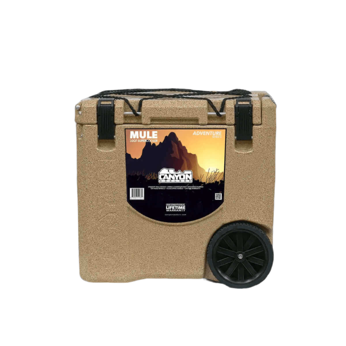 Canyon Coolers 30QT Mule Cooler in Sandstone with wheels, ideal for cabin depot adventures. Durable and easy transport design.