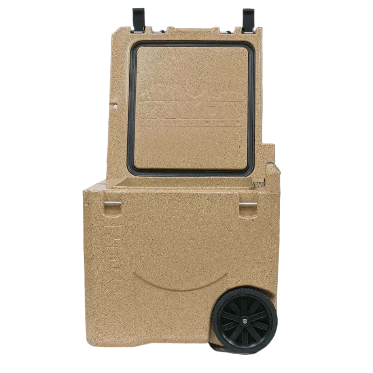 Canyon Coolers 30QT Mule Sandstone Cooler with Wheels, available at Cabin Depot, perfect for transporting cold items efficiently.