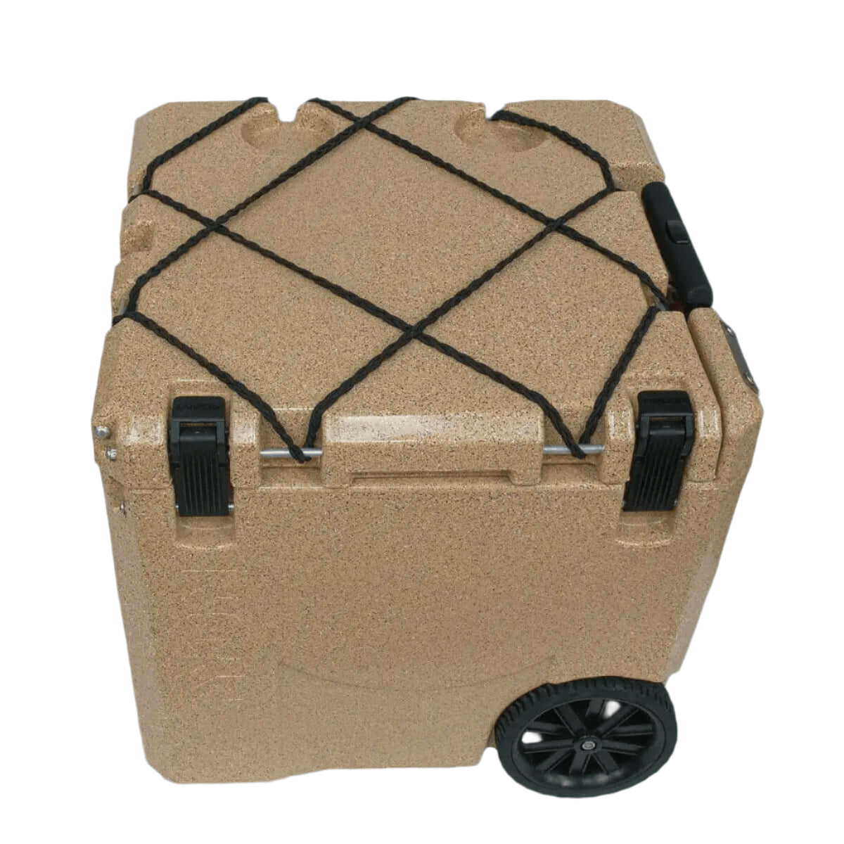 Canyon Coolers 30QT Mule Cooler in Sandstone with wheels and jungle cord bungee, ideal for cabin trips. Available at Cabin Depot.