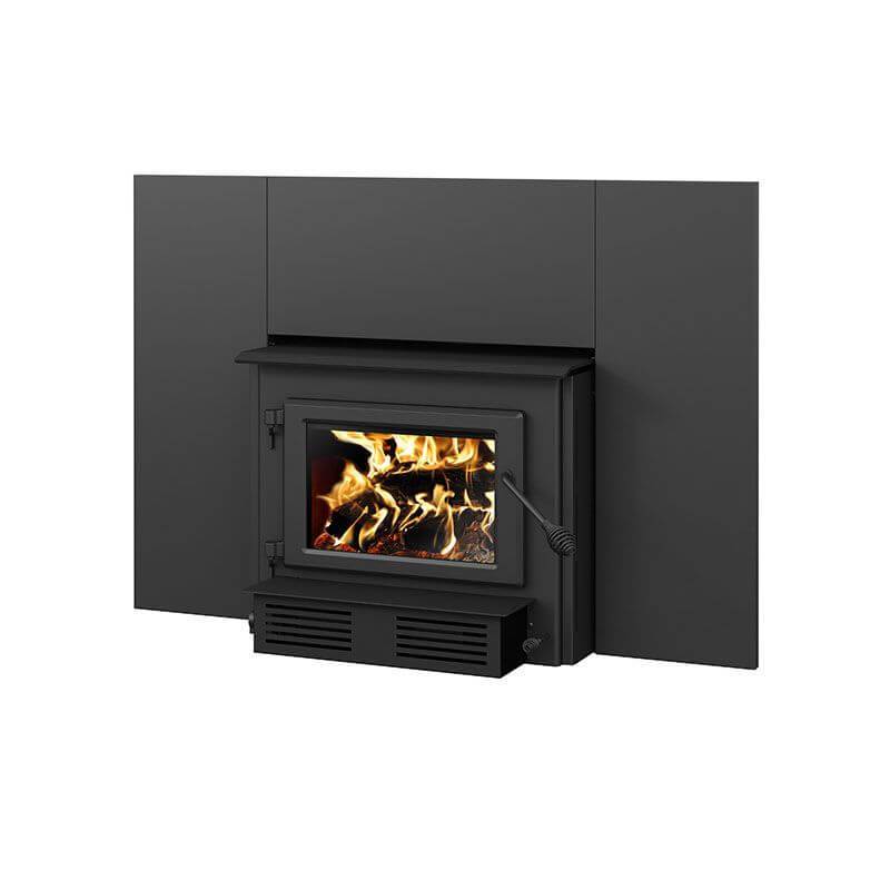 Century CW2900 wood stove with faceplate, Cabin Depot, large firebox, cast iron door, ceramic glass, stainless steel heat protector