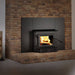 Century CW2900 wood stove with fire, installed in brick fireplace for home heating efficiency