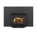 Century CW2900 wood stove with burning fire, featuring a spring faceplate and stainless steel top heat protector.