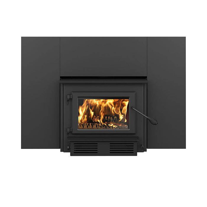 Century CW2900 wood stove with burning fire, featuring a spring faceplate and stainless steel top heat protector.