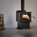 Century FW2800 Wood Stove with firewood, stainless steel heat protector, cast iron door, and ceramic glass in modern setting.