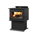 Century FW2800 Wood Stove with flames, medium firebox, stainless steel top, ceramic glass, ideal for tight spaces.