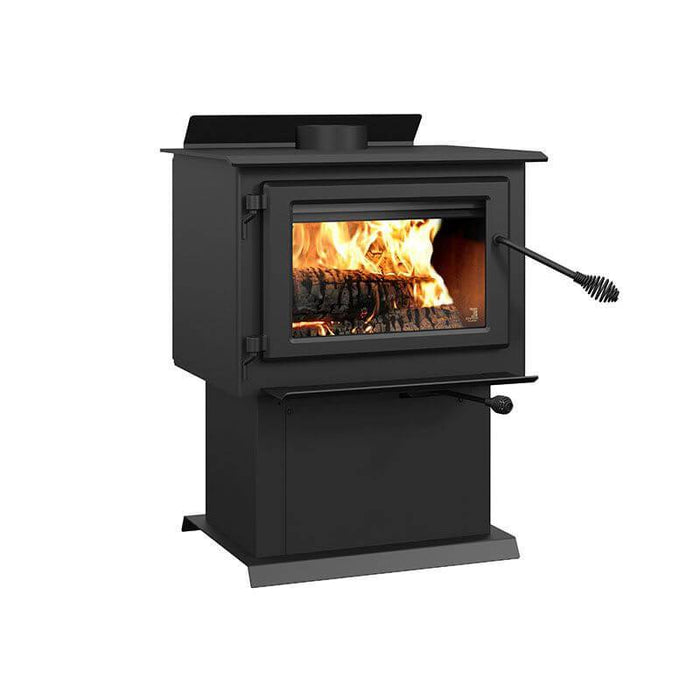 Century FW2800 medium wood stove with stainless steel heat protector and cast iron door, ideal for tight spaces and mobile homes.