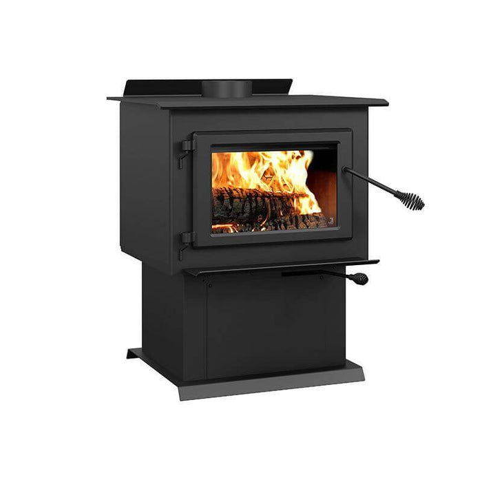 Century FW2900 Wood Stove with large firebox and stainless steel heat protector, featuring durable cast iron door and ceramic glass.