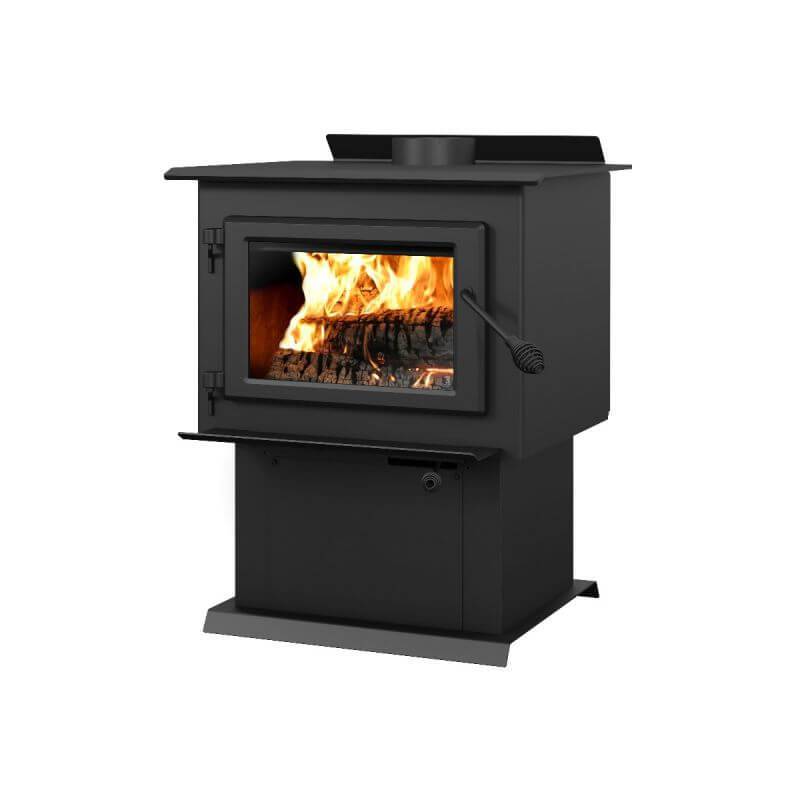 Century FW2900 Wood Stove with large firebox, stainless steel top, and cast iron door at Cabin Depot. Ideal for cabins and mobile homes.