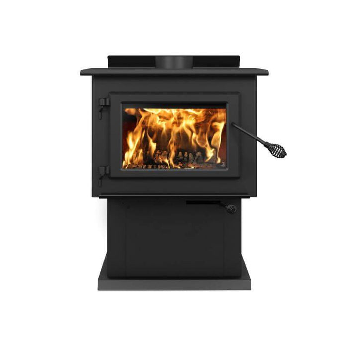 Century FW2900 Wood Stove with large firebox, stainless steel top heat protector, and cast iron door for efficient heating.