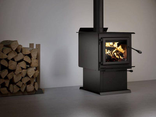 Century FW3200 Wood Stove with blazing fire, CSA & EPA 2020 certified, freestanding model, includes wood storage, high efficiency.