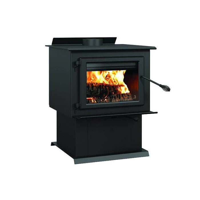 Century FW3500 Wood Stove with fire, EPA certified, fits logs up to 22 inches, heating area 1,000-2,700 sq. ft., free shipping.