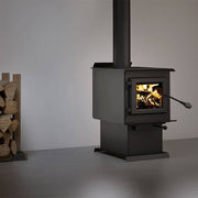 Century S250 Wood Stove with stainless steel heat protector, available at Cabin Depot. Features EPA 2020 certification and non-catalytic system.