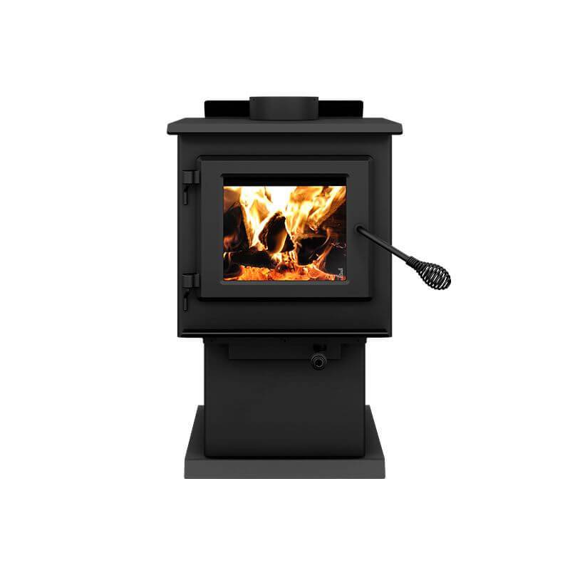 Century S250 Wood Stove with stainless steel heat protector, available at Cabin Depot. EPA certified, made in Canada.