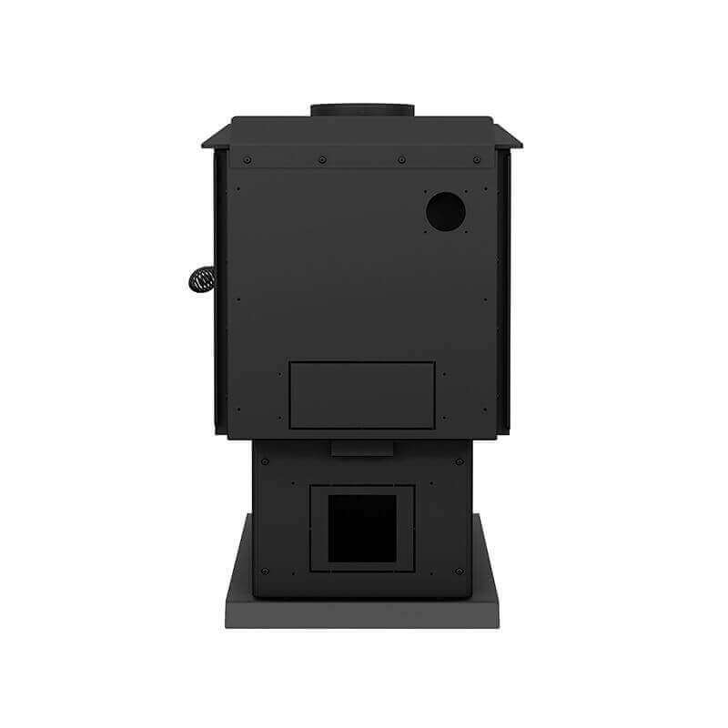 Century S250 Wood Stove with stainless steel heat protector from Cabin Depot.