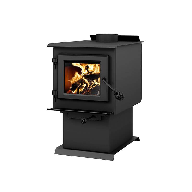 Century S250 Wood Stove with stainless steel heat protector, by Cabin Depot. EPA 2020 approved, high-efficiency, non-catalytic design.