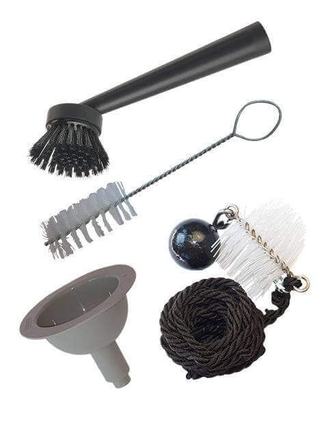 Cinderella Maintenance Kit for incineration toilets, available at Cabin Depot. Includes cleaning set, ash tray brush, exhaust brush, funnel.