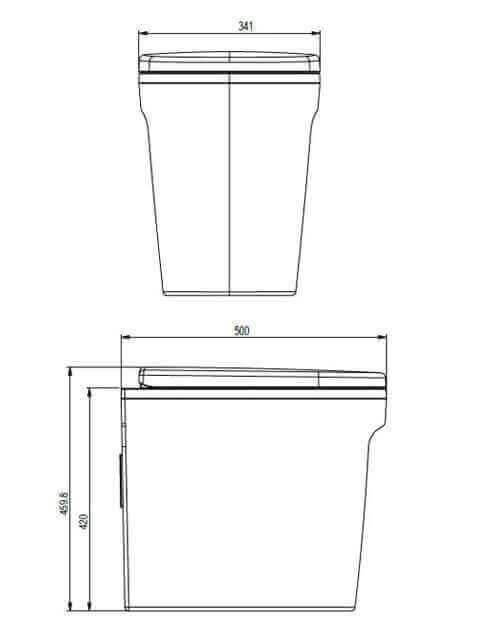 Technical drawing of the Cinderella Urinal, a waterless solution available at Cabin Depot.