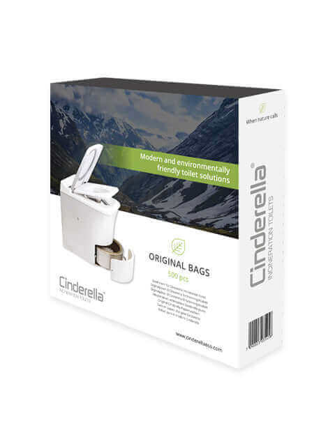 Cinderella Original Bags packaging for eco-friendly incinerating toilet solutions with mountain landscape background.