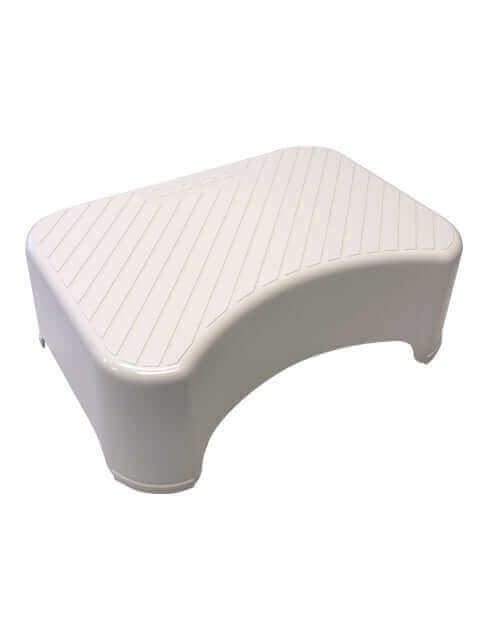 Portable white step stool for Cinderella Comfort Toilet, enhancing accessibility. Available at Cabin Depot.