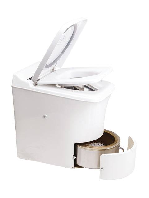 Cinderella Freedom Incineration Toilet available at Cabin Depot, eco-friendly propane toilet with low emissions in white design.