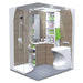 Modern bathroom setup with Cinderella Travel Incineration Toilet and glass shower enclosure.