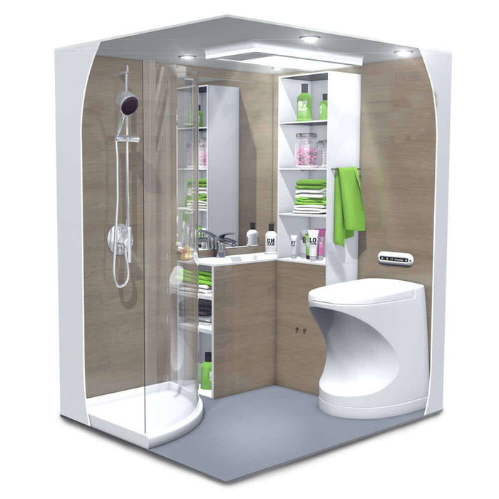 Modern bathroom setup with Cinderella Travel Incineration Toilet and glass shower enclosure.