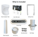 Components of Cinderella Travel Incineration Toilet, including toilet, liners, docking frame, control panel, and accessories.