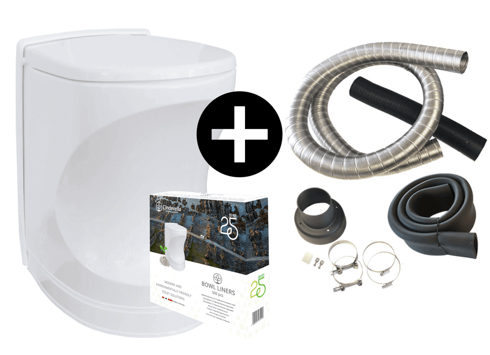 Cinderella Incineration Toilet with installation kit and accessories, including hoses and clamps.