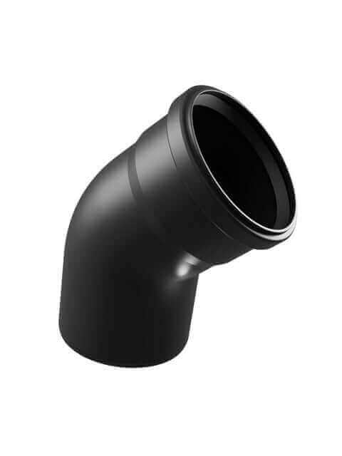 Cinderella 45º Elbow With 1 Sleeve for Comfort installations, black matt finish, UV-stabilized, sold by Cabin Depot. Suitable for 110 mm pipes.