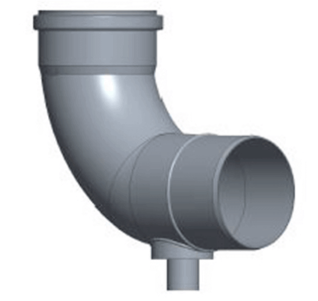 Cinderella 87º elbow with condensate drain for venting systems, male/female connection.