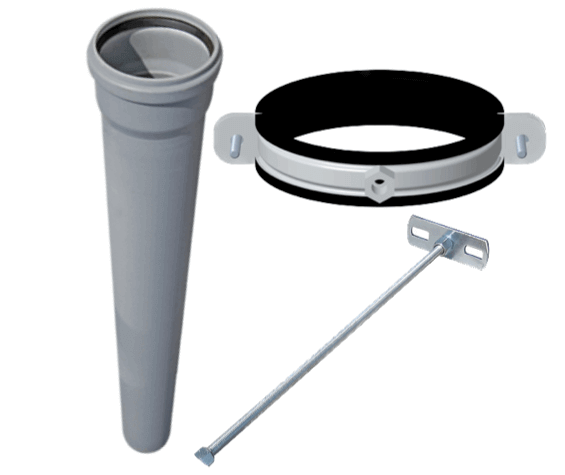 Cinderella® Flue Pipe with Wall Mount Kit including 4" x 36" pipe, support clamp, wall mount rod, and wall mount plate.