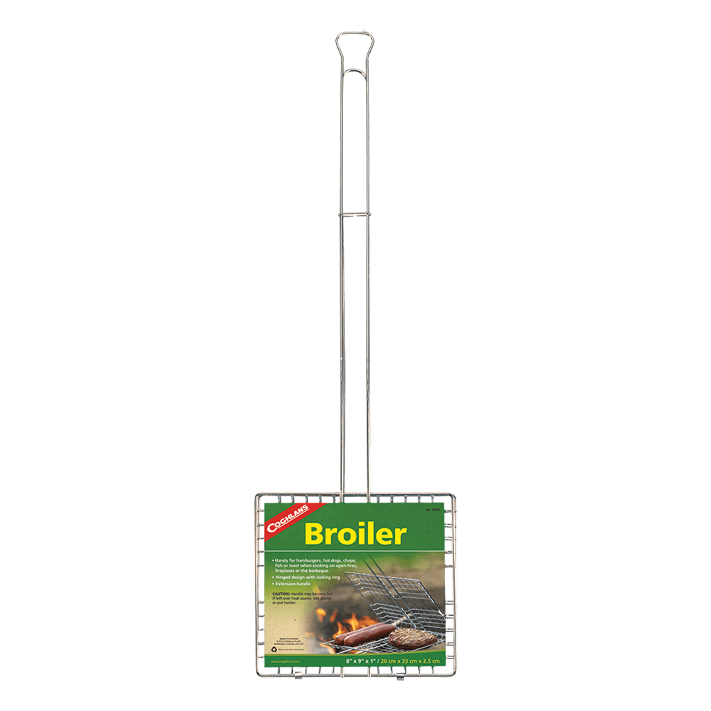 Coghlans Broiler for open fires and barbecues, featuring chrome plated design with locking ring, available at Cabin Depot.