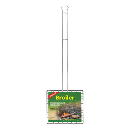 Coghlans Broiler with chrome plated hinged design for grilling on open fires, fireplaces, and barbecues; secure locking ring feature.