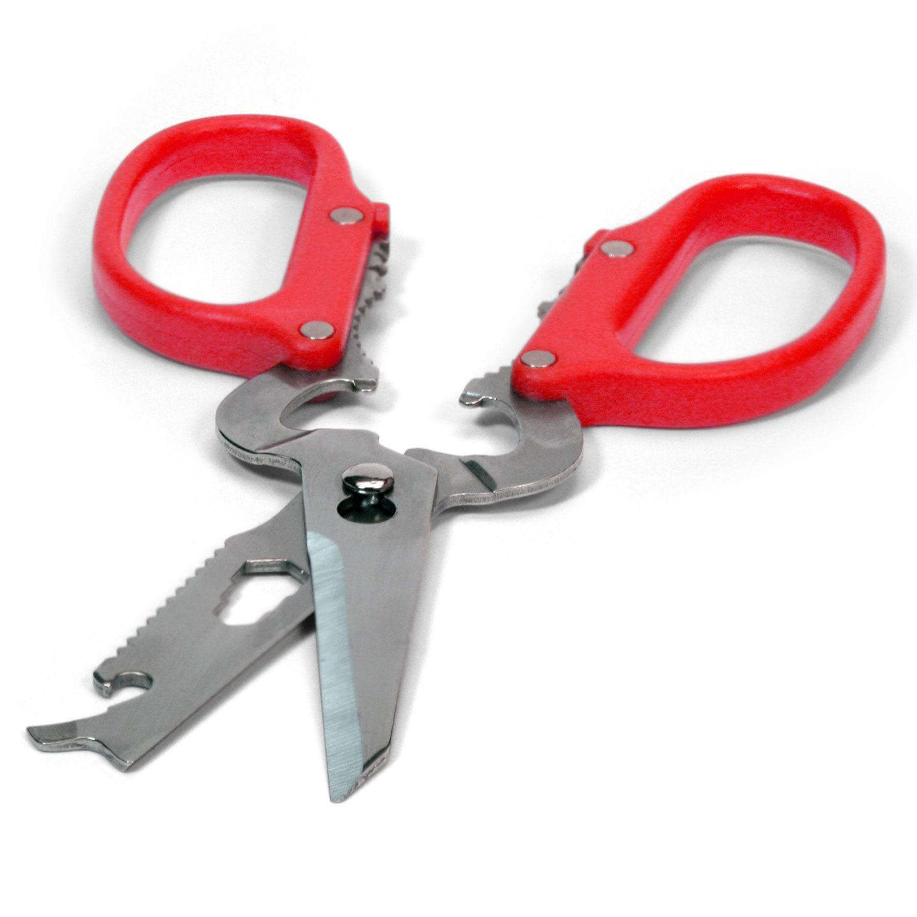Coghlans 12-In-1 Scissor multi-tool with red handle, featuring knife, screwdriver, magnet & more. Available at Cabin Depot.