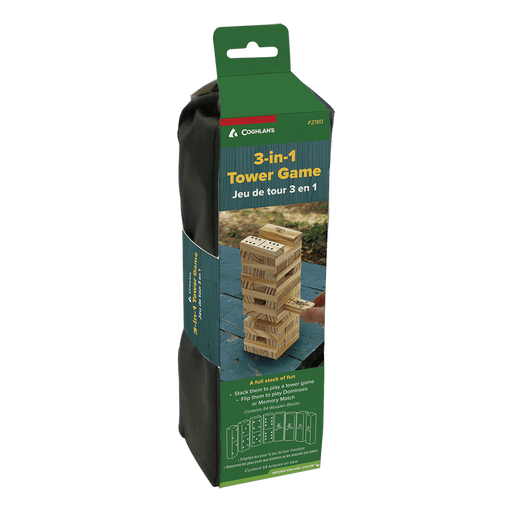 "Coghlan's 3-in-1 Tower Game packaging with wooden blocks and game instructions"